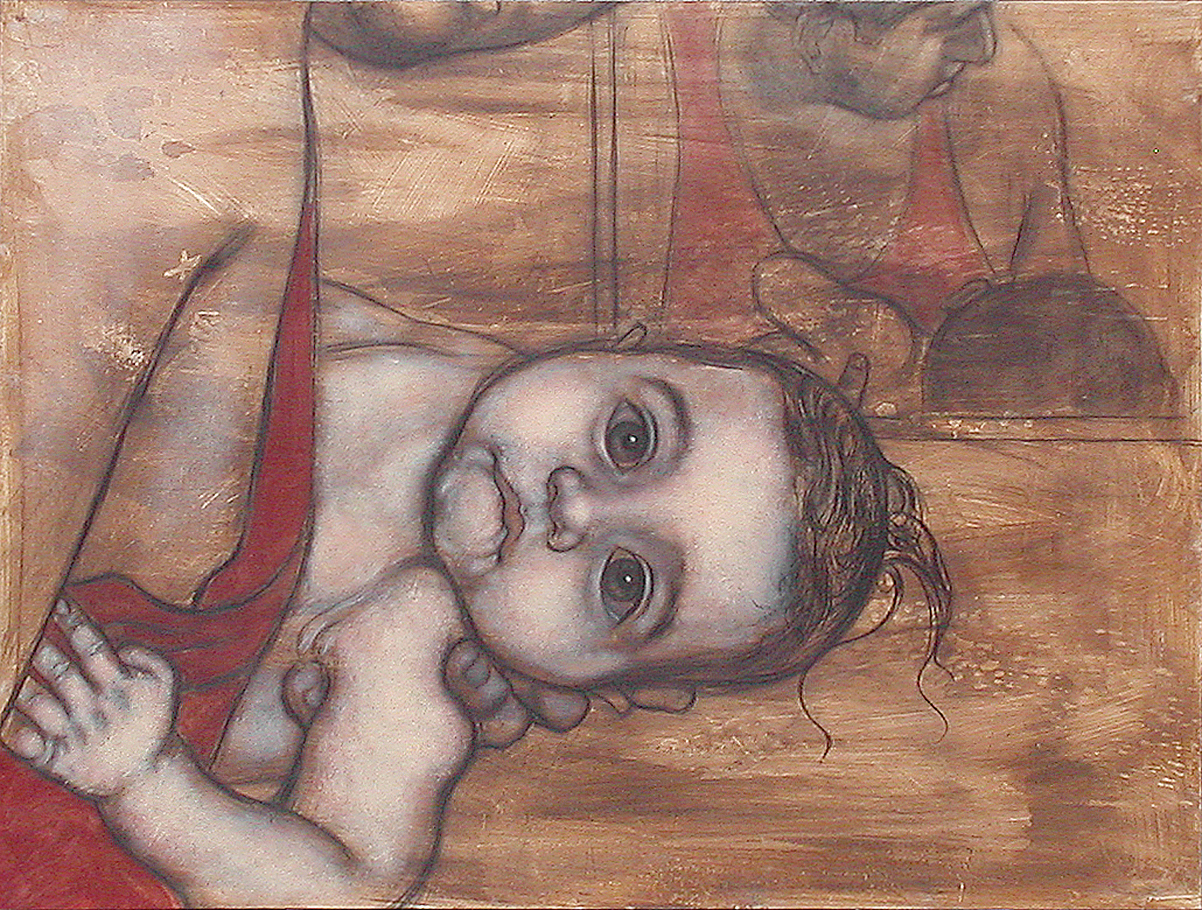 Acrylic-and-charcoal painting of a man cradling a baby in his arms while bathing him.