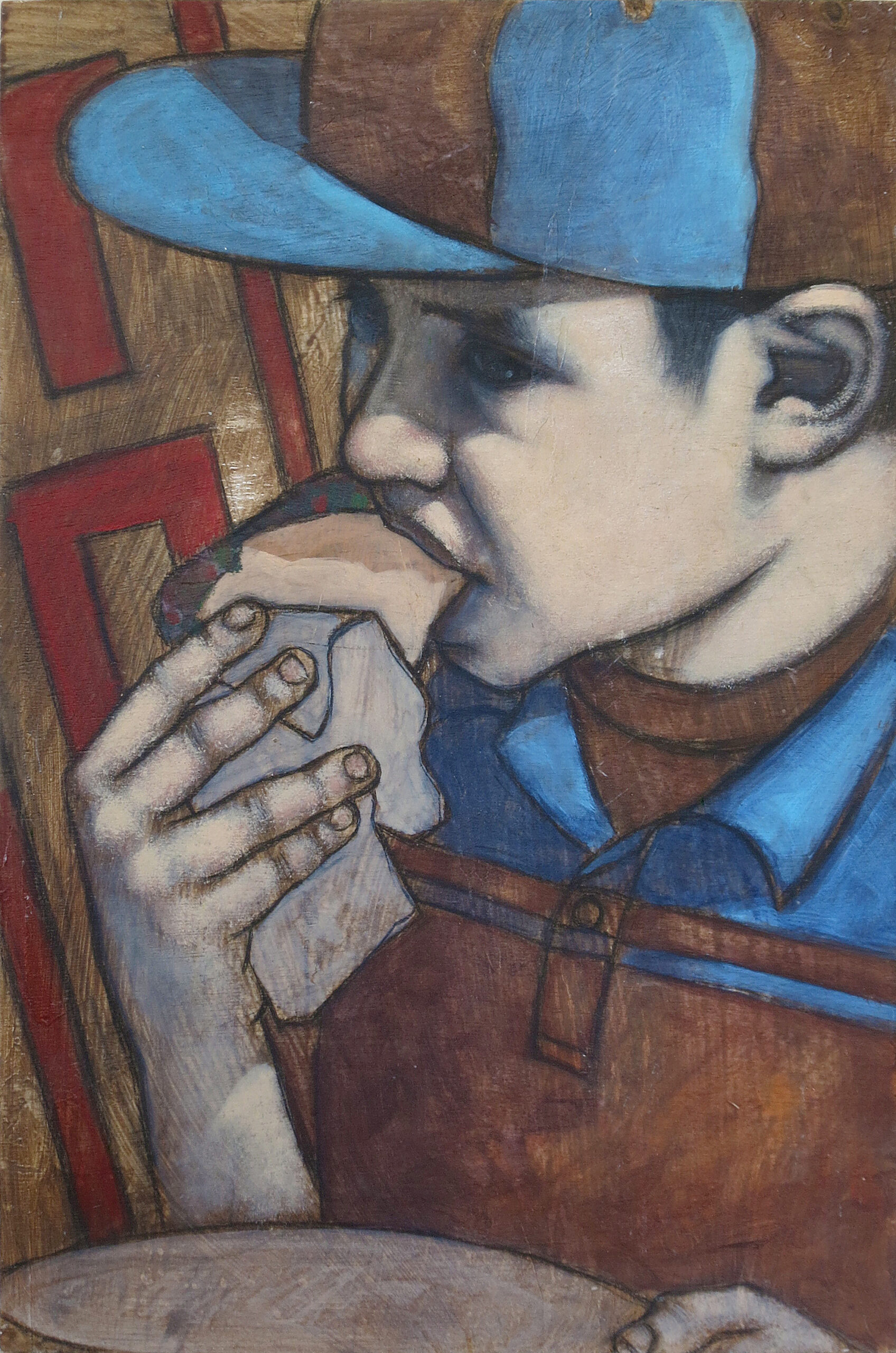 Acrylic-and-charcoal painting of a child in a blue-and-brown cap and polo shirt enjoying a taco on a hot, sunny day.