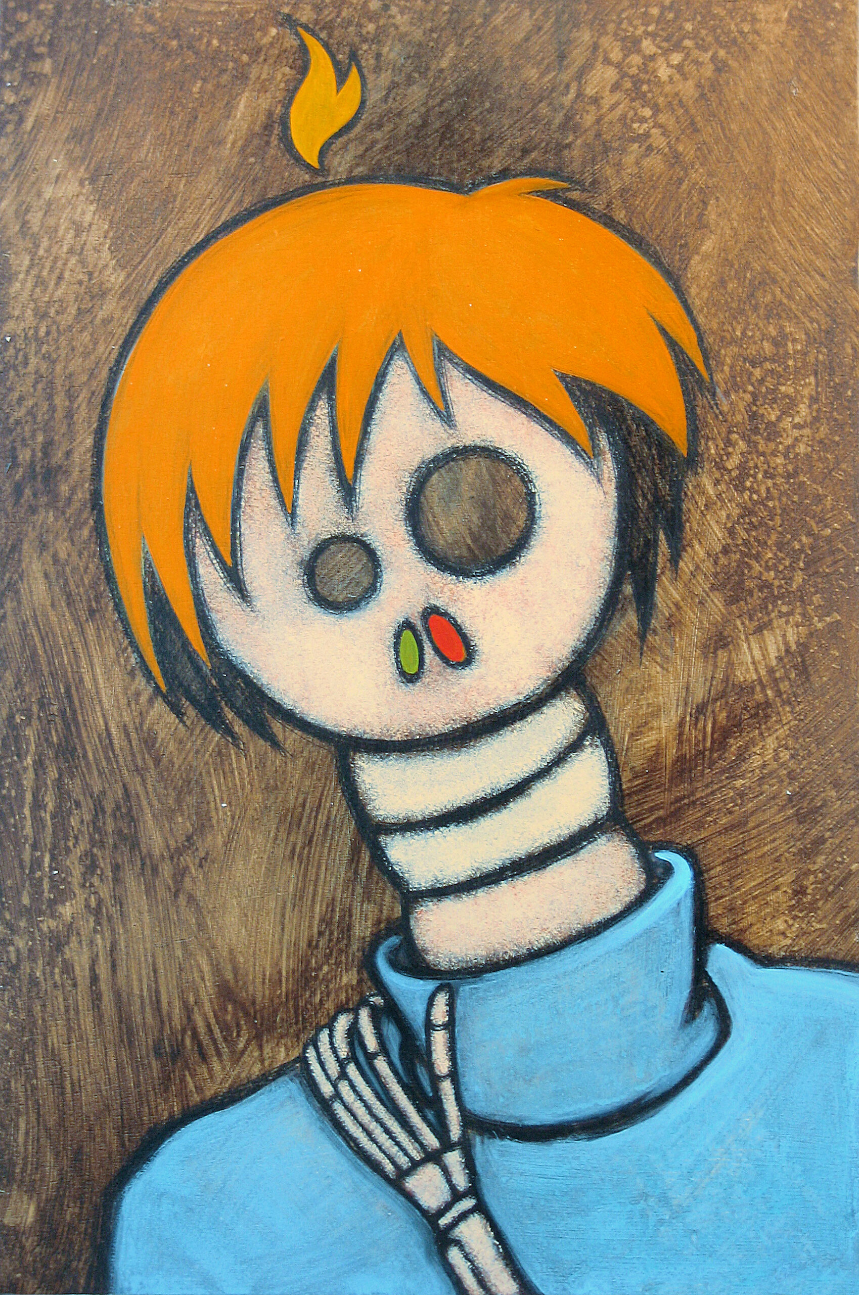Acrylic-and-charcoal painting of Andy Warhol depicted as a Día de los Muertos skeleton figure, with bright orange hair, a blue turtleneck, and one skeletal hand resting against his chest. A flame appears above his skull.