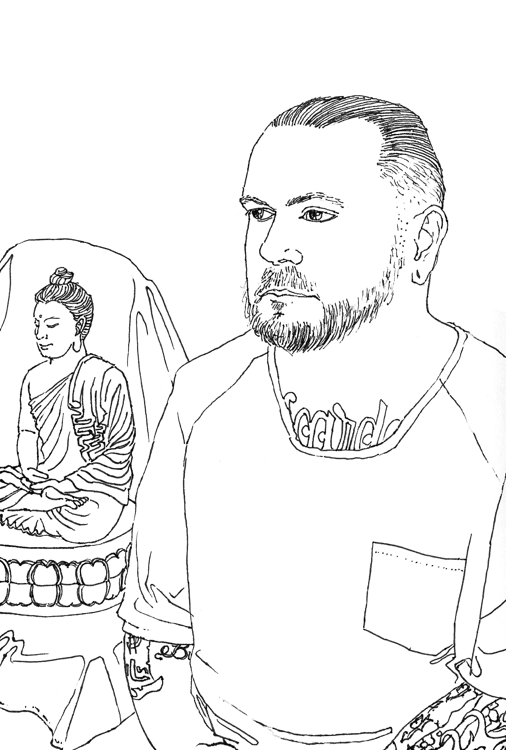 Black-and-white ink drawing of a man wearing prison scrubs, with a seated Buddha statue in the background.
