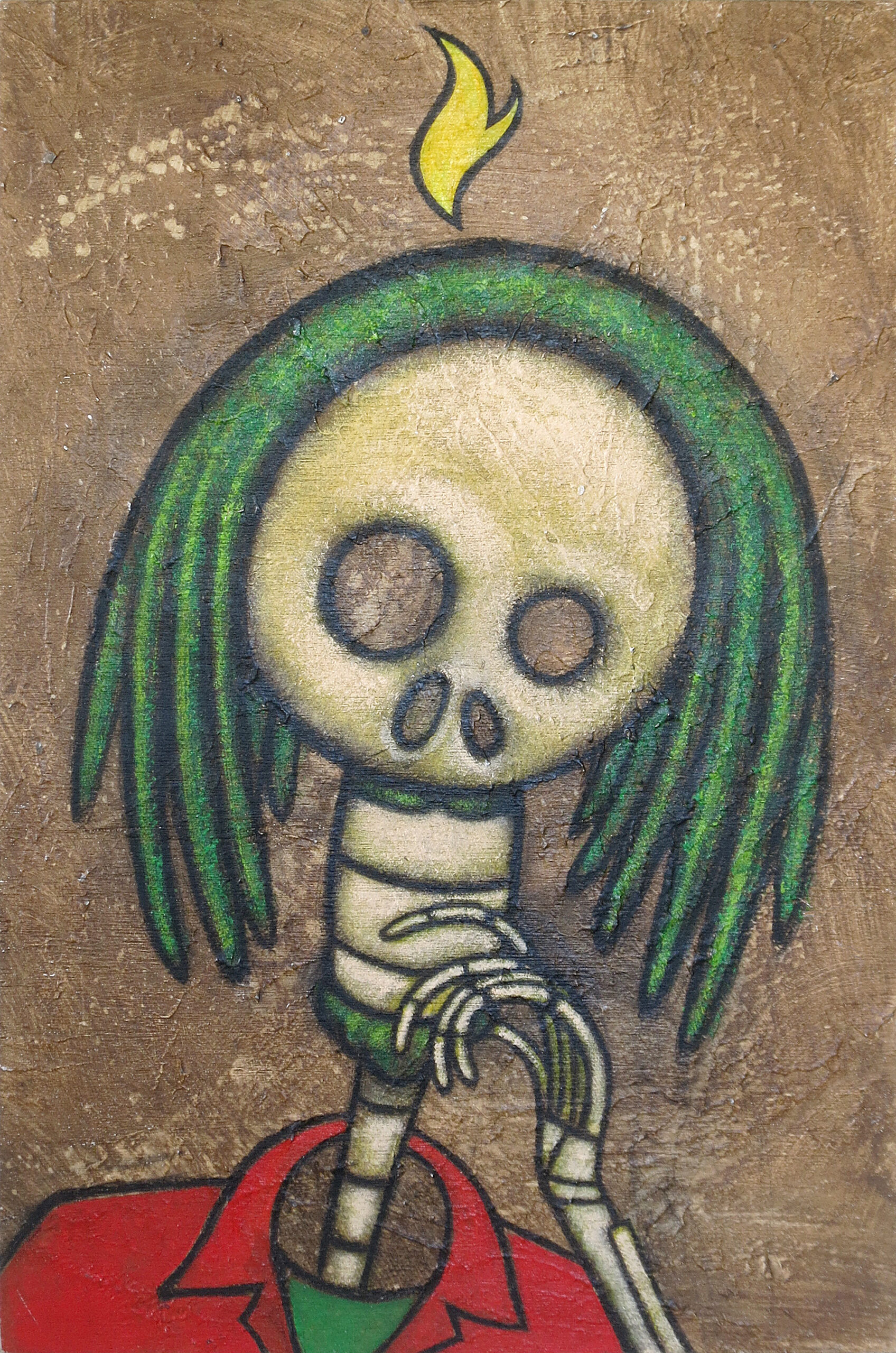Acrylic-and-charcoal painting of Bob Marley depicted as a Día de los Muertos skeleton figure, with long green dreadlocks and his left skeletal hand held near his chin. A flame appears above his skull.