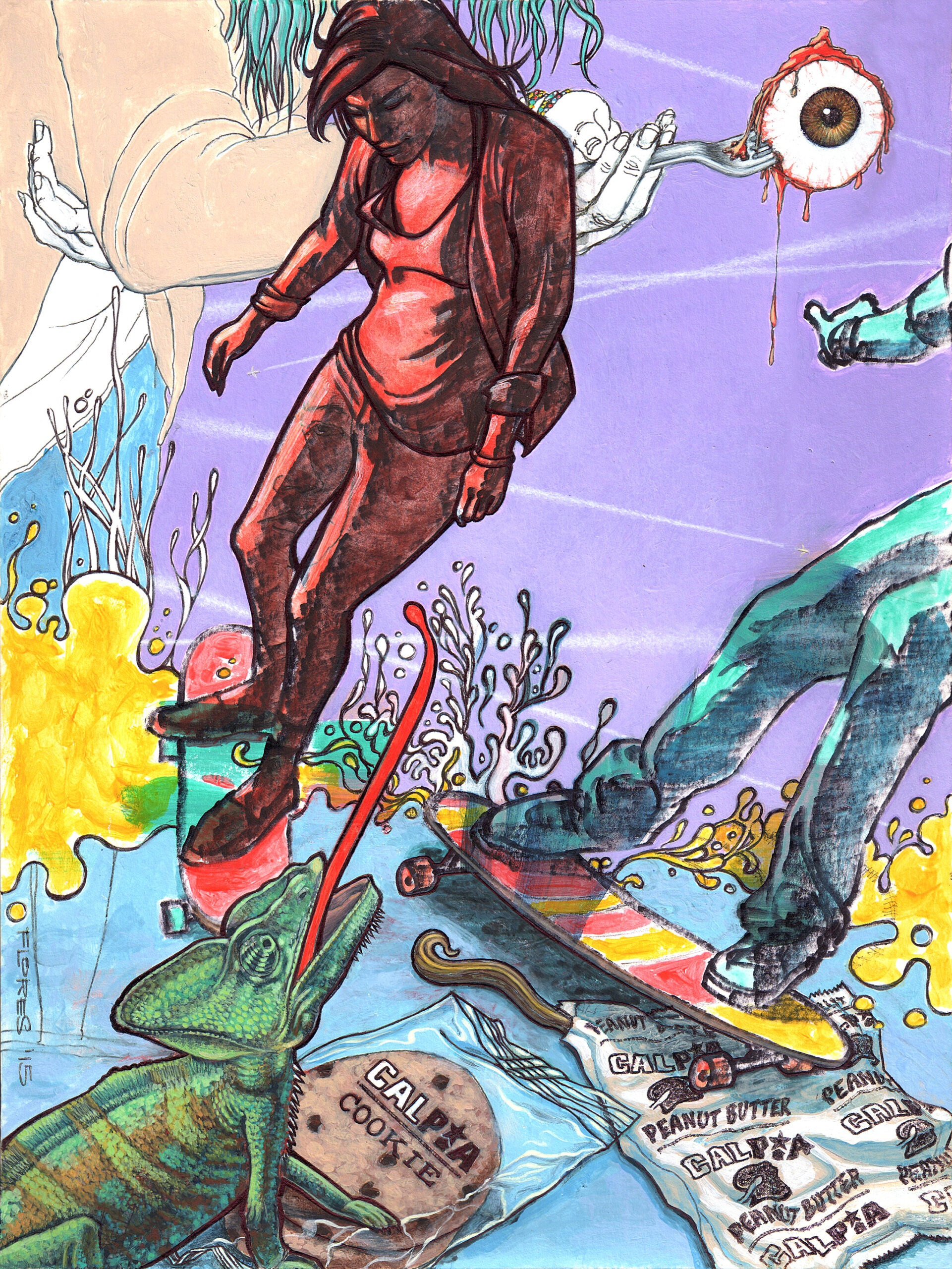 Surreal, colorful acrylic-and-ink painting of two skateboarders, a chameleon, and packets of prison-issued cookies and peanut butter in a collage-like composition.