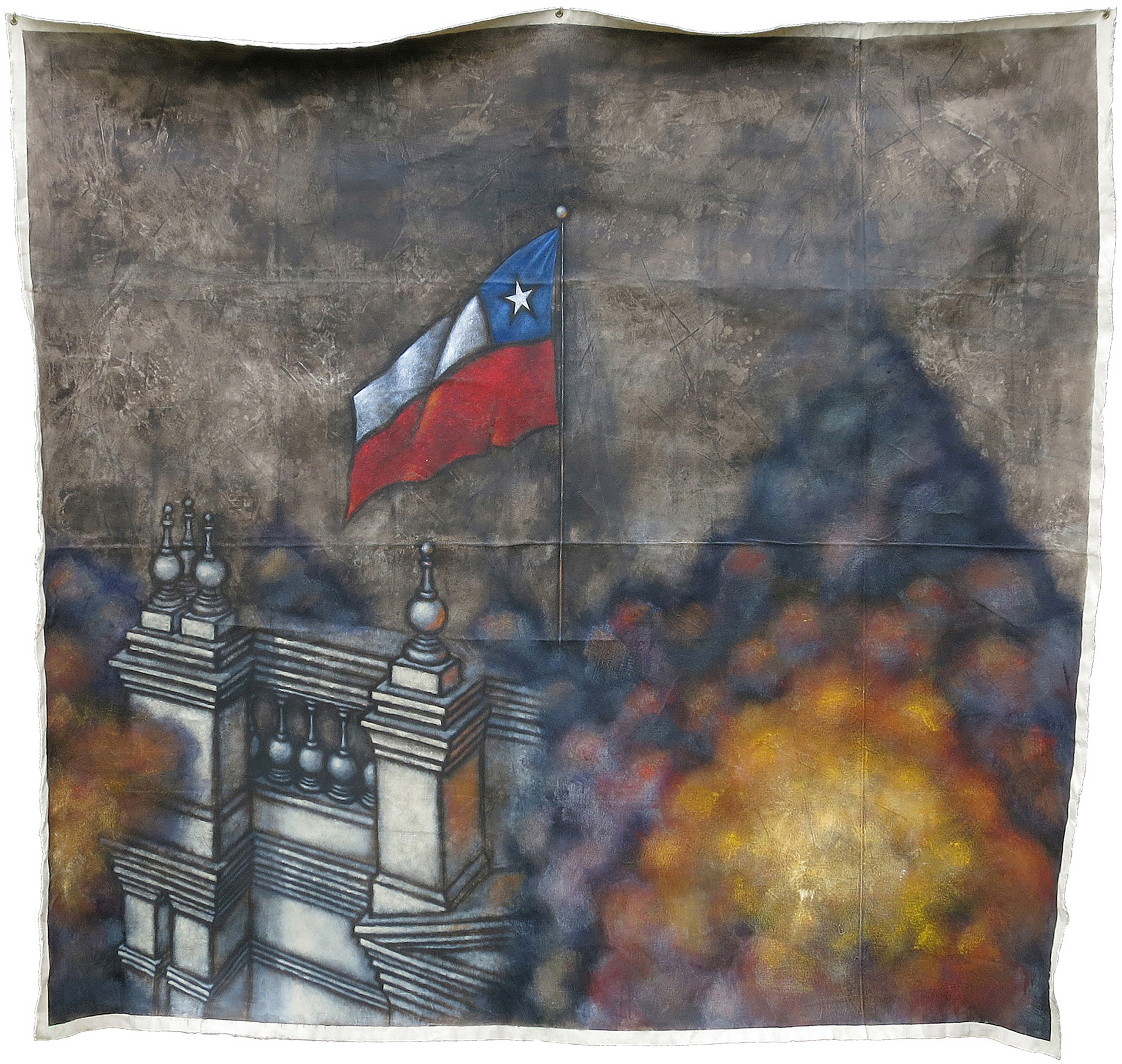 Acrylic-and-charcoal painting of Chile’s Palacio de La Moneda amid fiery explosions during the 1973 coup against Salvador Allende, with the Chilean flag flying above the building.