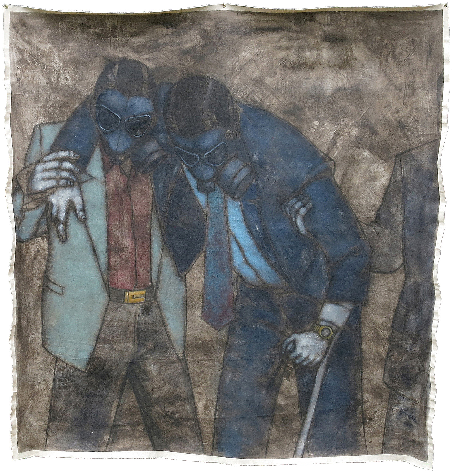 Acrylic-and-charcoal painting of Rafael Correa wearing a gas mask and using a metal walking stick as two men in gas masks support him while moving away from tear gas during the 2010 coup attempt in Ecuador; one of the men is partially visible at the right edge.