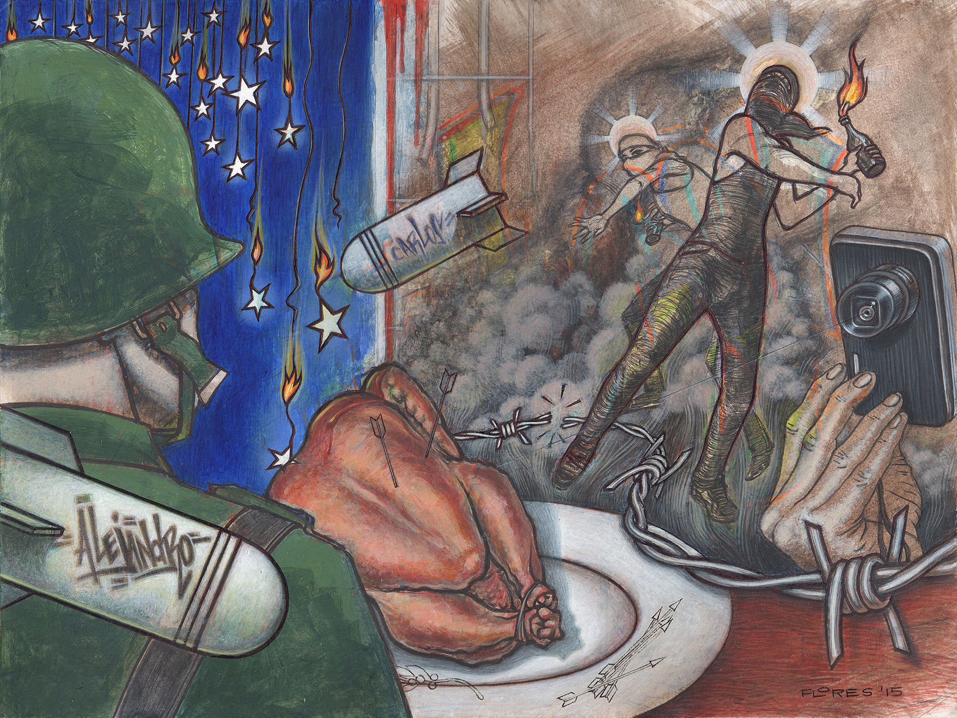 Chaotic, colorful acrylic-and-ink painting of two masked fighters throwing Molotov cocktails amid falling bombs and stars, with a soldier, a cooked bird on a plate, barbed wire, and a hand holding a camera.