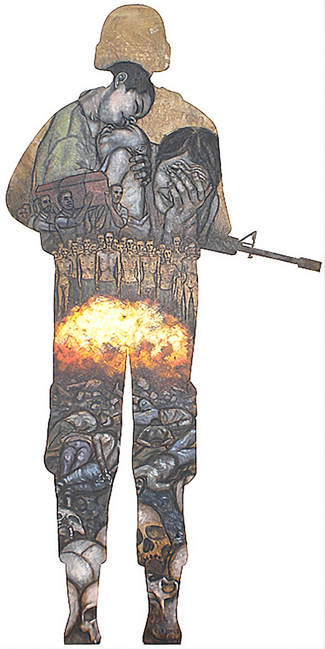 Acrylic-and-charcoal painting cut into the silhouette of a U.S. soldier, filled with chaotic images of war, death, and destruction, including grieving figures, concentration camp victims, an explosion, dead bodies, and skulls.