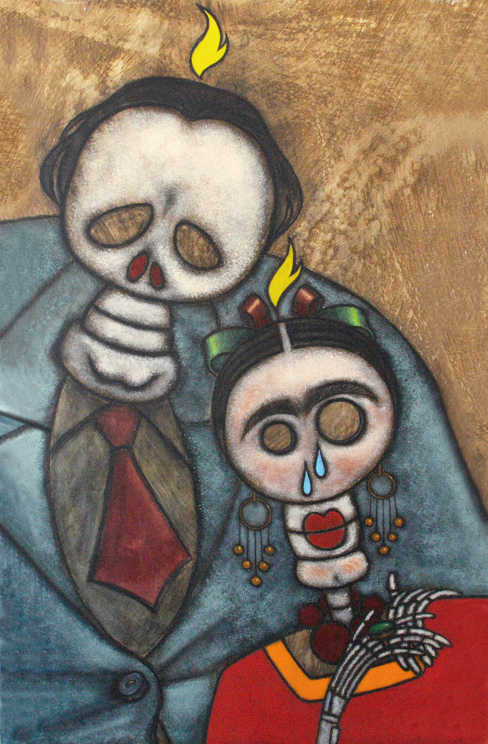 Acrylic-and-charcoal painting of Frida Kahlo and Diego Rivera depicted as Día de los Muertos skeleton figures, with the towering figure of Diego standing behind the much smaller Frida. Flames appear above their skulls.