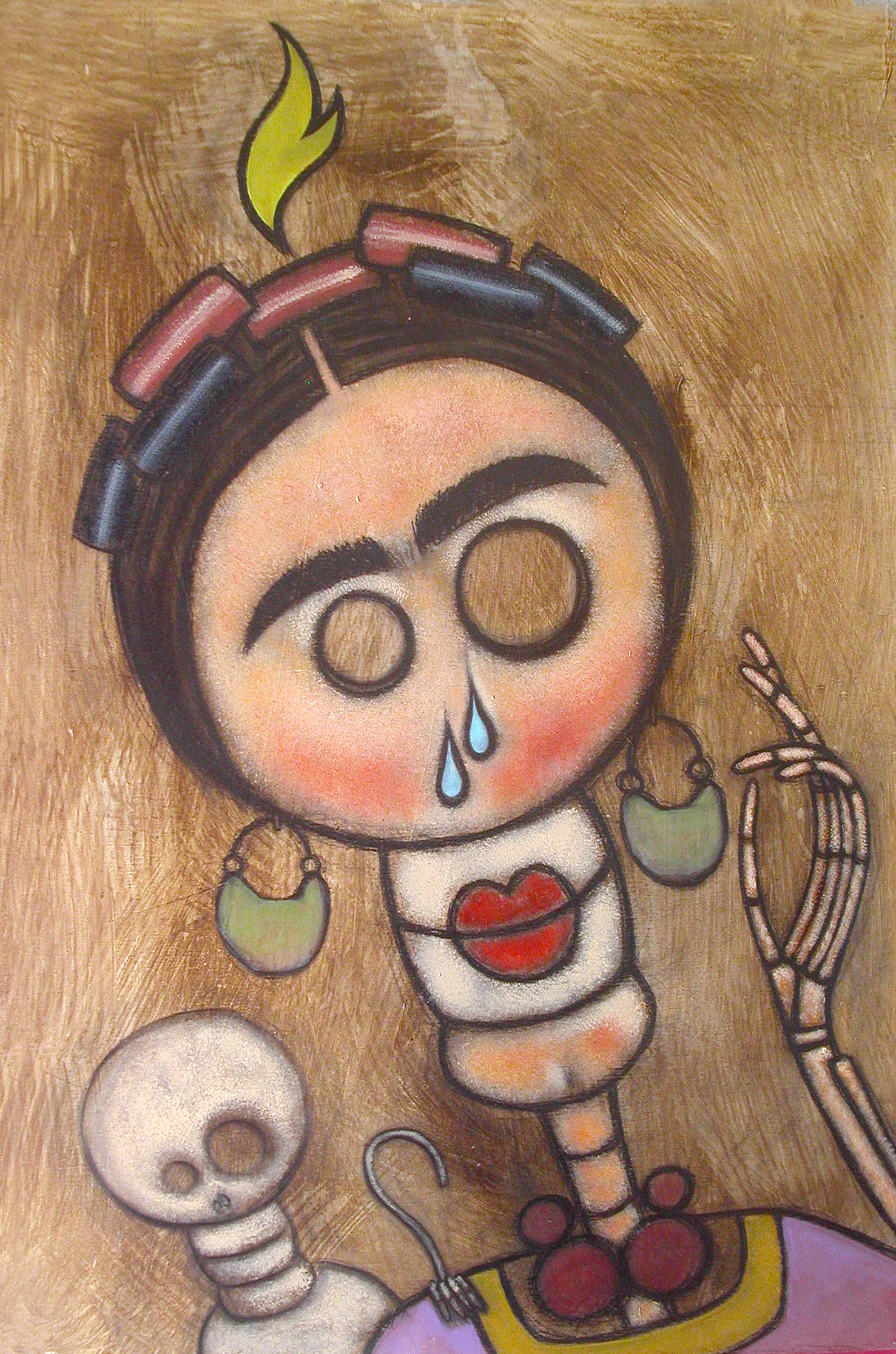 Acrylic-and-charcoal painting of Frida Kahlo depicted as a Día de los Muertos skeleton figure, accompanied by the skeleton of her pet monkey. A flame appears above her skull.