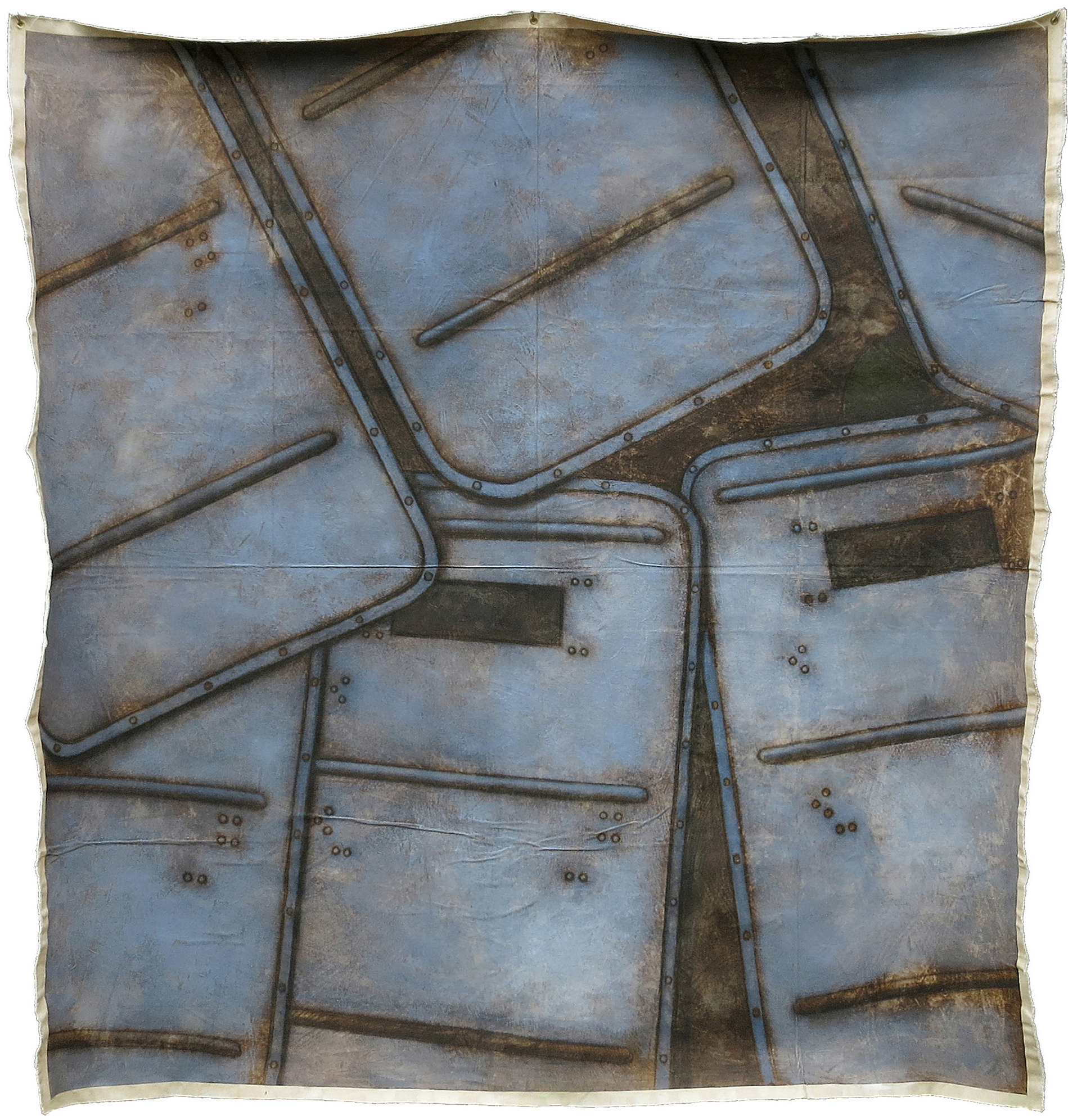 Acrylic-and-charcoal painting of overlapping military shields forming a protective wall during the 2009 Honduran coup, used by military forces against objects thrown by protesters.