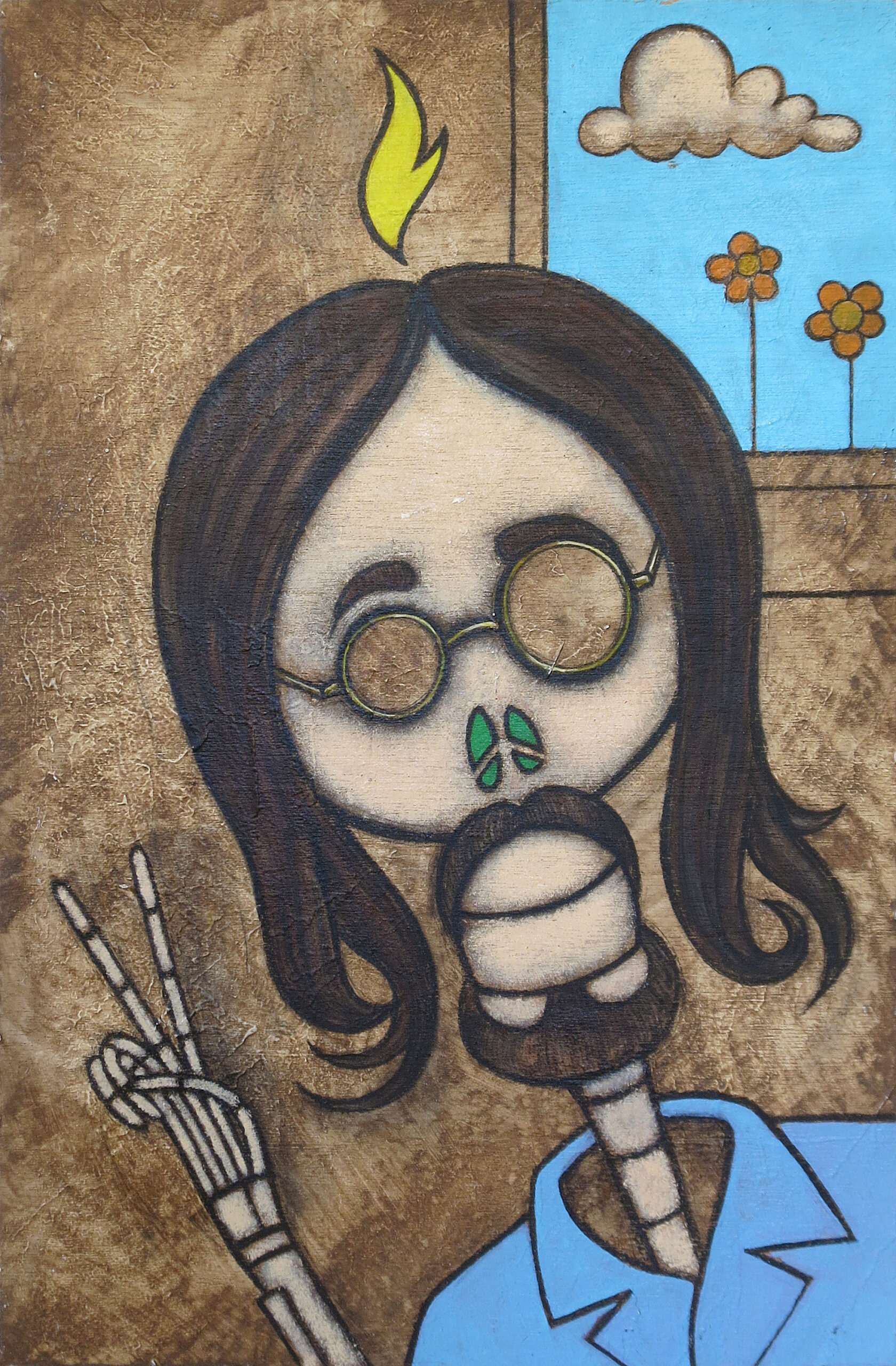 Acrylic-and-charcoal painting of John Lennon depicted as a Día de los Muertos skeleton figure, with round glasses, long hair, and a beard, raising a skeletal hand in a peace sign. A flame appears above his skull, with a small window showing flowers and a cloud behind him.