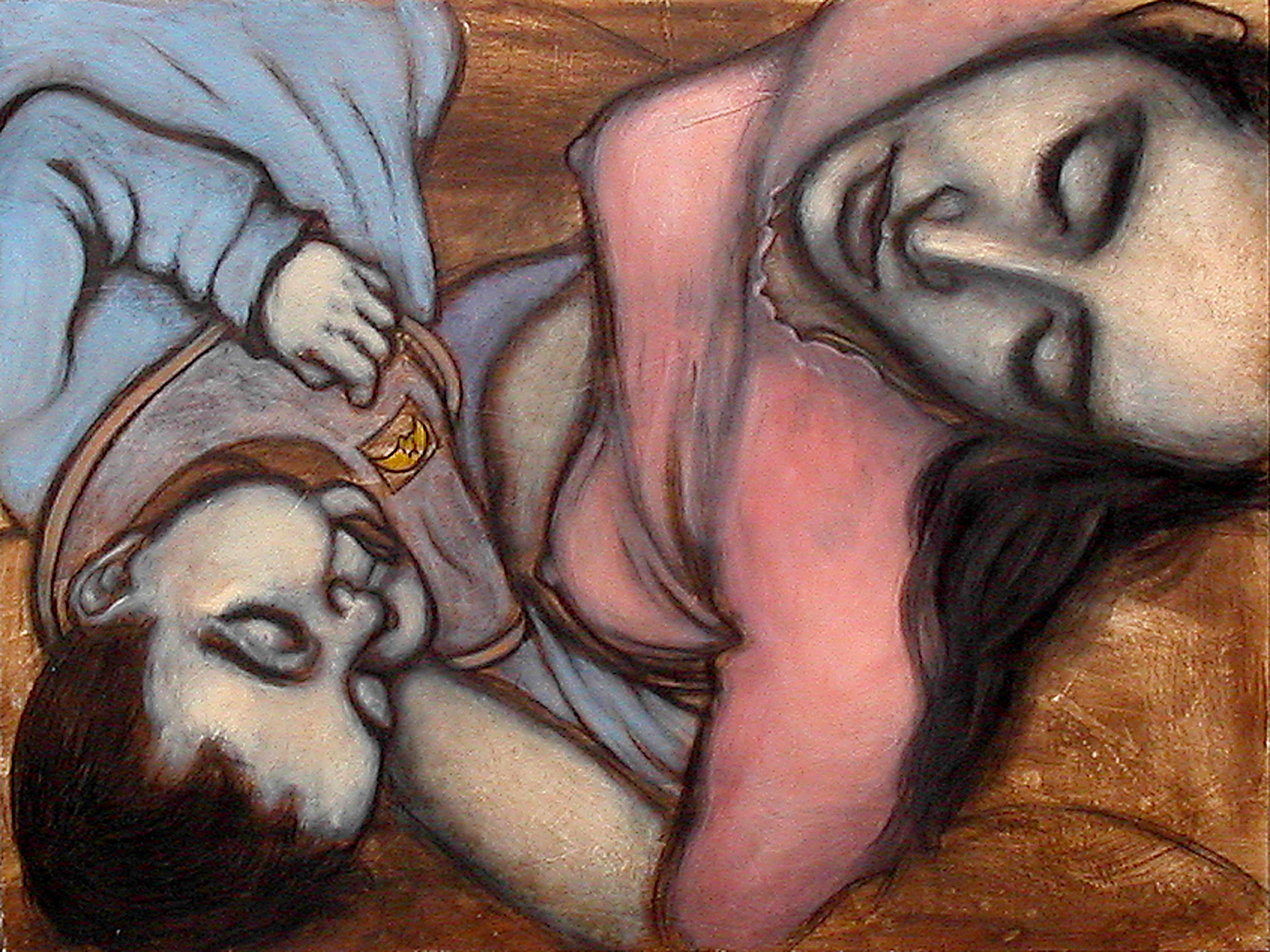 Acrylic-and-charcoal painting of a mother and her baby nestled closely together as they nap after breastfeeding.