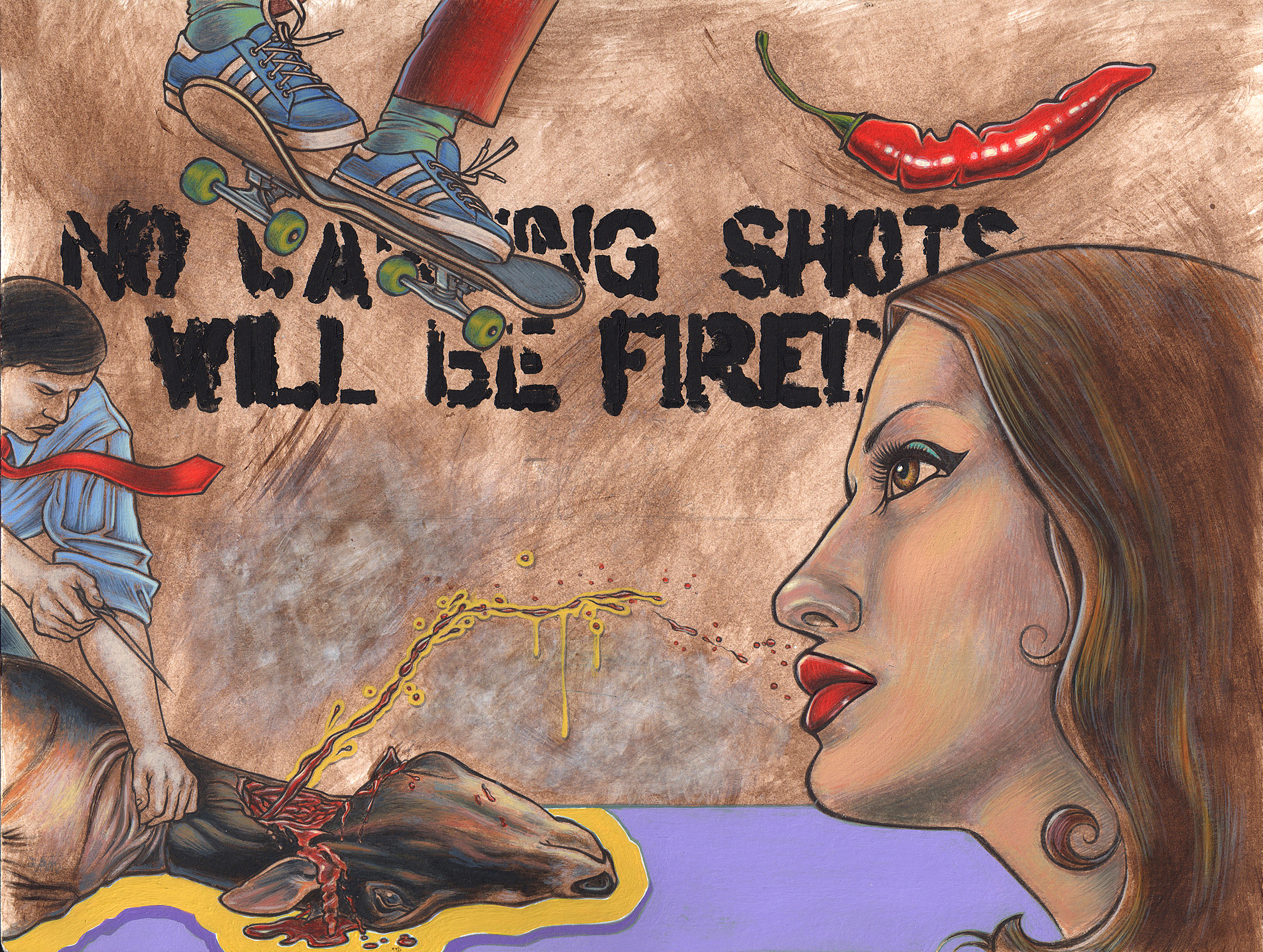 Surreal acrylic-and-ink painting of a man in a shirt and tie cutting a cow’s throat as blood spurts toward a made-up woman, with a red pepper and a skateboarder floating nearby and the words “No Warning Shots Will Be Fired” stenciled in the background.