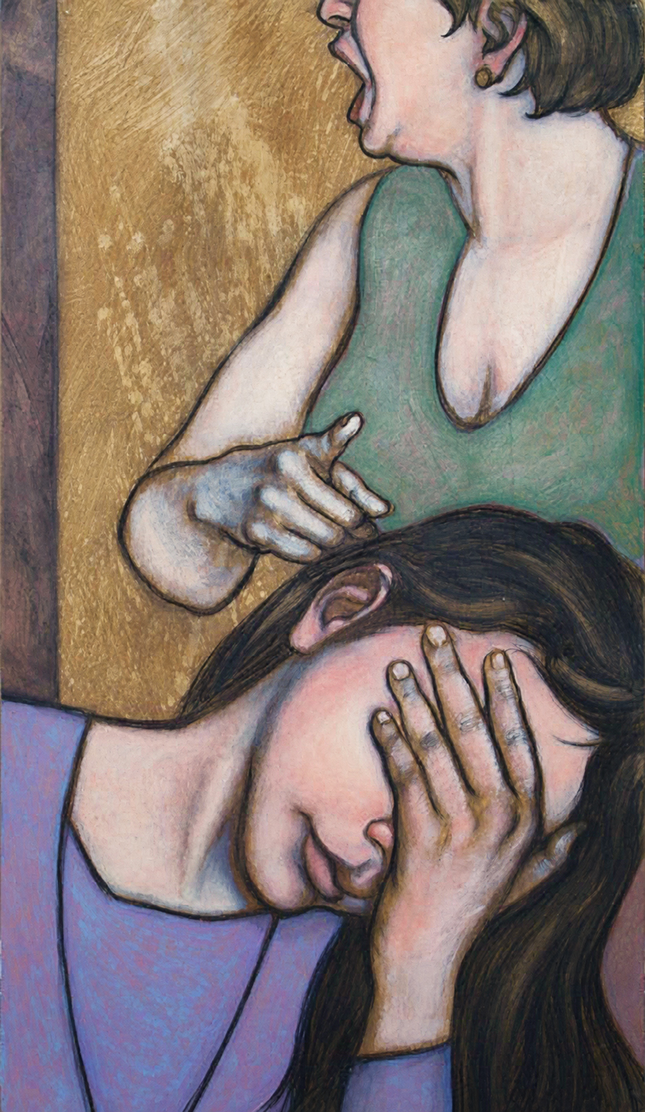 Acrylic-and-charcoal painting of a young girl covering her face in frustration as a woman gestures and reprimands her.