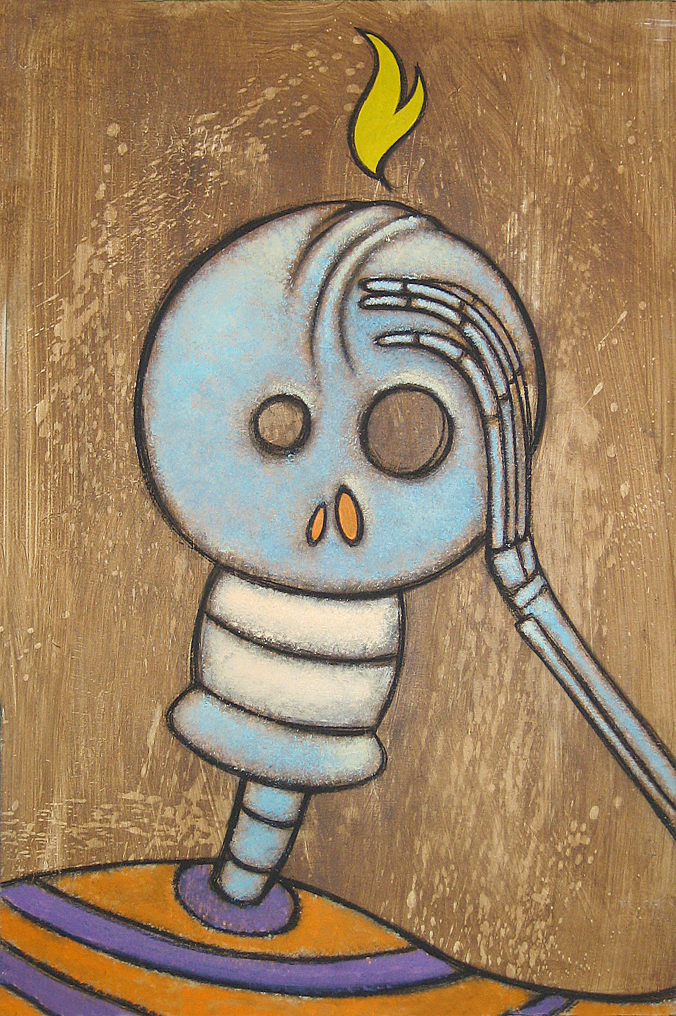 Acrylic-and-charcoal painting of Pablo Picasso depicted as a blue Día de los Muertos skeleton figure, resting one skeletal hand against his forehead, with a flame above his skull.