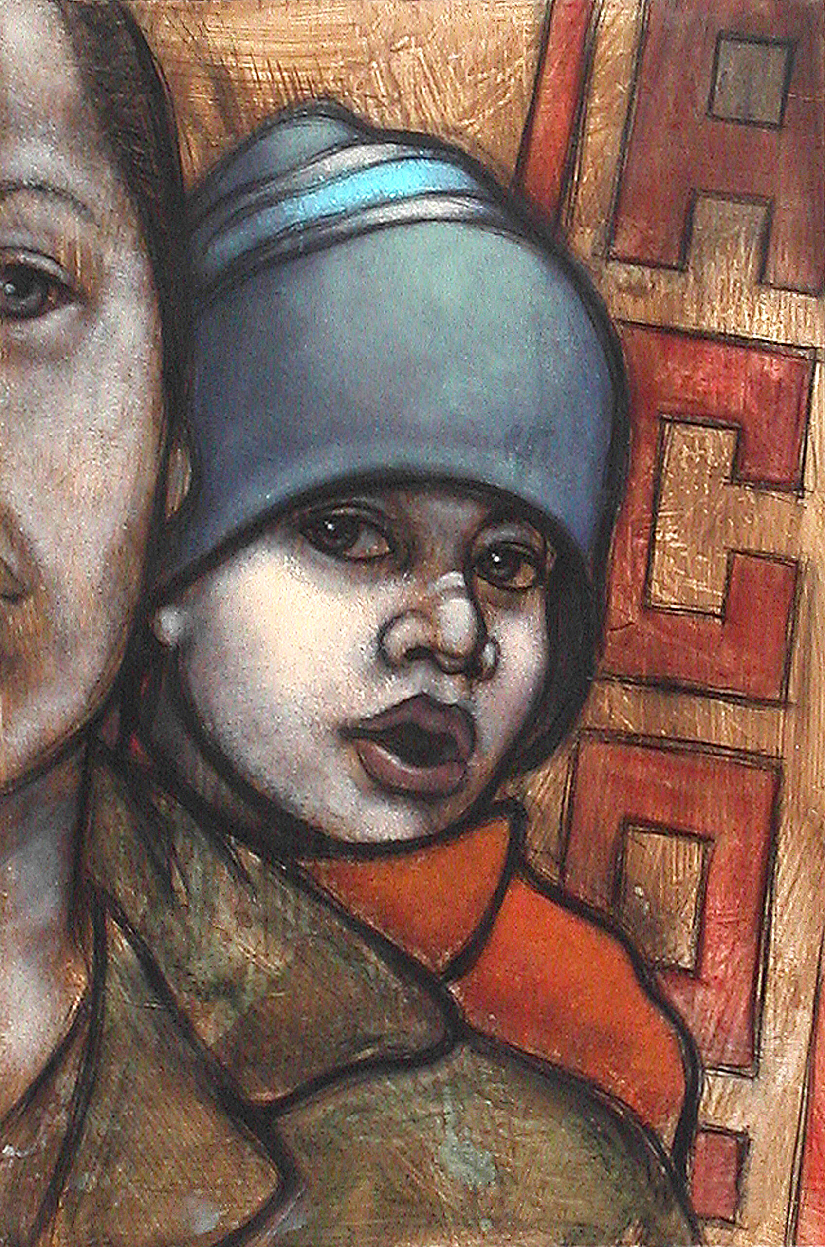 Acrylic-and-charcoal painting of a child in a blue knit cap and coat, looking outward with a solemn expression, while his partially visible mother watches over him protectively.