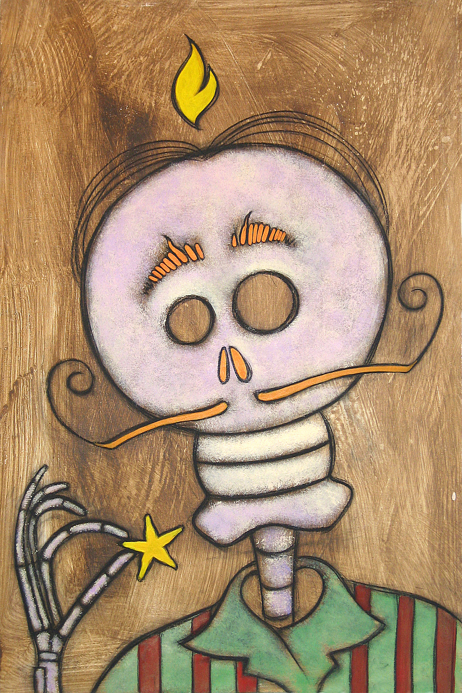 Acrylic-and-charcoal painting of Salvador Dalí depicted as a Día de los Muertos skeleton figure, with his distinctive curled mustache and a small yellow star held between his skeletal fingers. A flame appears above his skull.