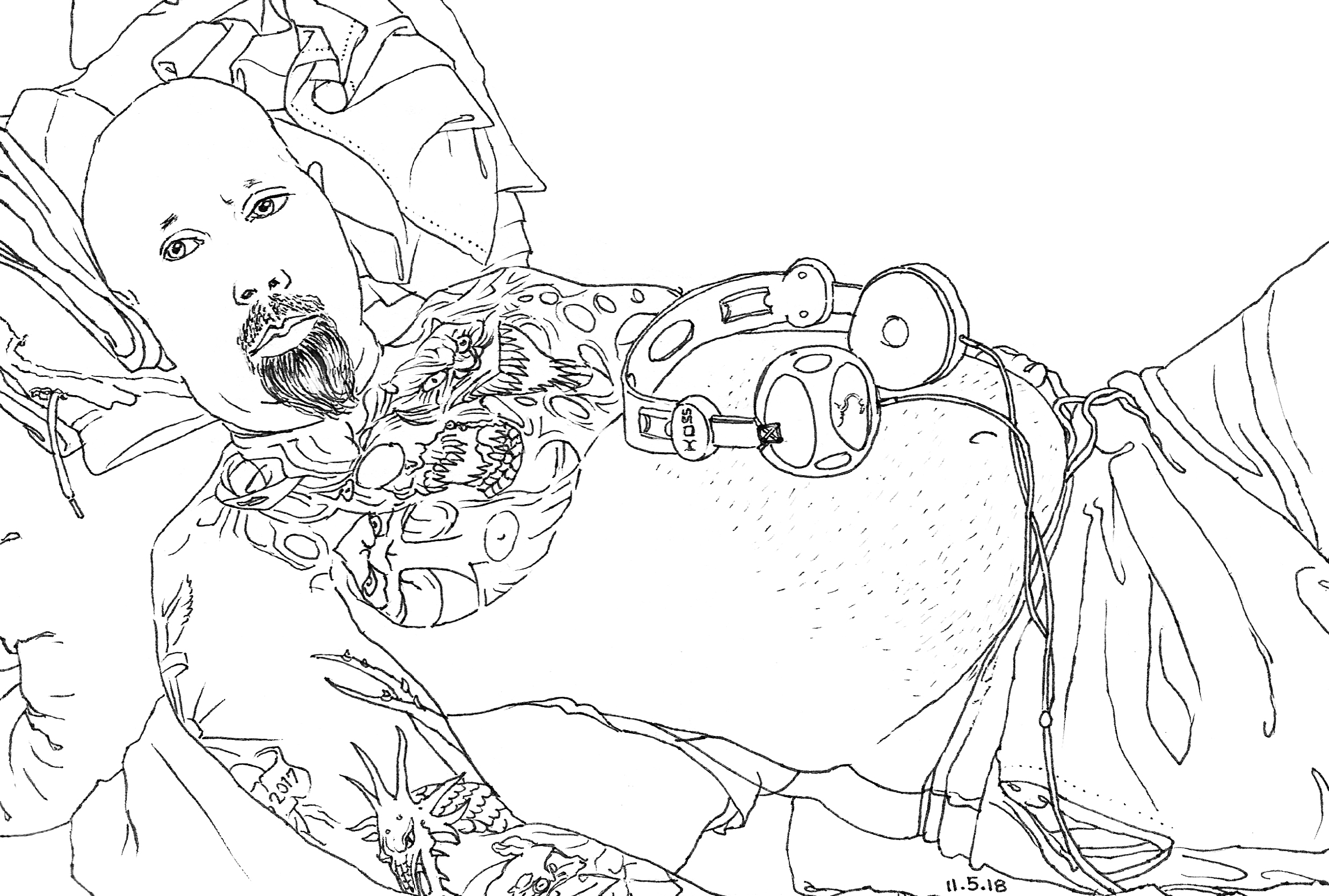 Black-and-white ink drawing of a shirtless, tattooed man lying on a bunk with headphones resting on his stomach.