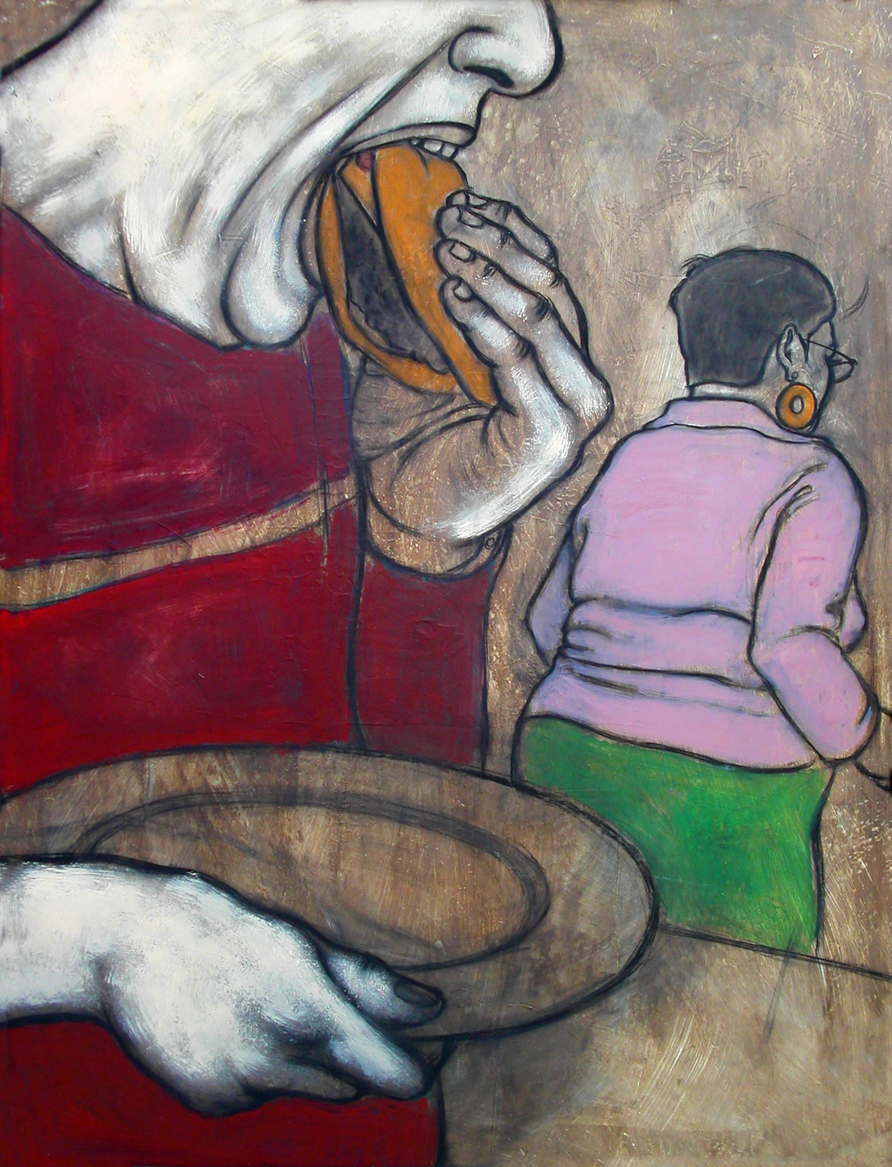 Acrylic-and-charcoal painting of a man hurriedly pushing a hamburger into his mouth with one hand while holding a plate in the other, as an offended older woman walks away.