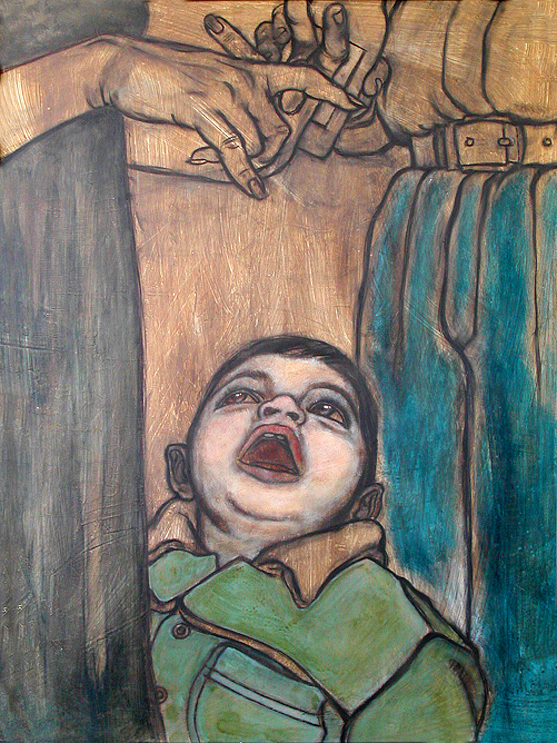 Acrylic-and-charcoal painting of a child gazing upward with a puzzled and confused expression as his parents quarrel above him.