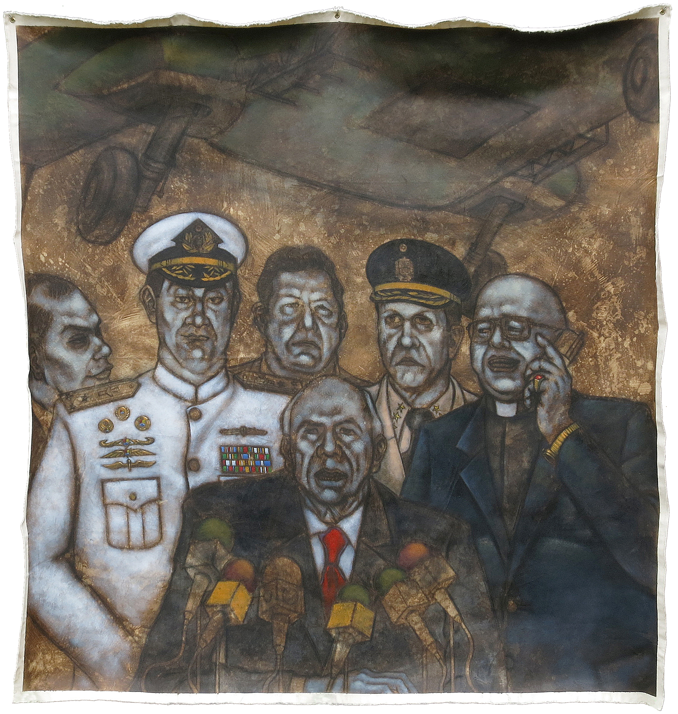 Acrylic-and-charcoal painting of the group of usurpers who staged a short-lived coup in Venezuela in 2002.