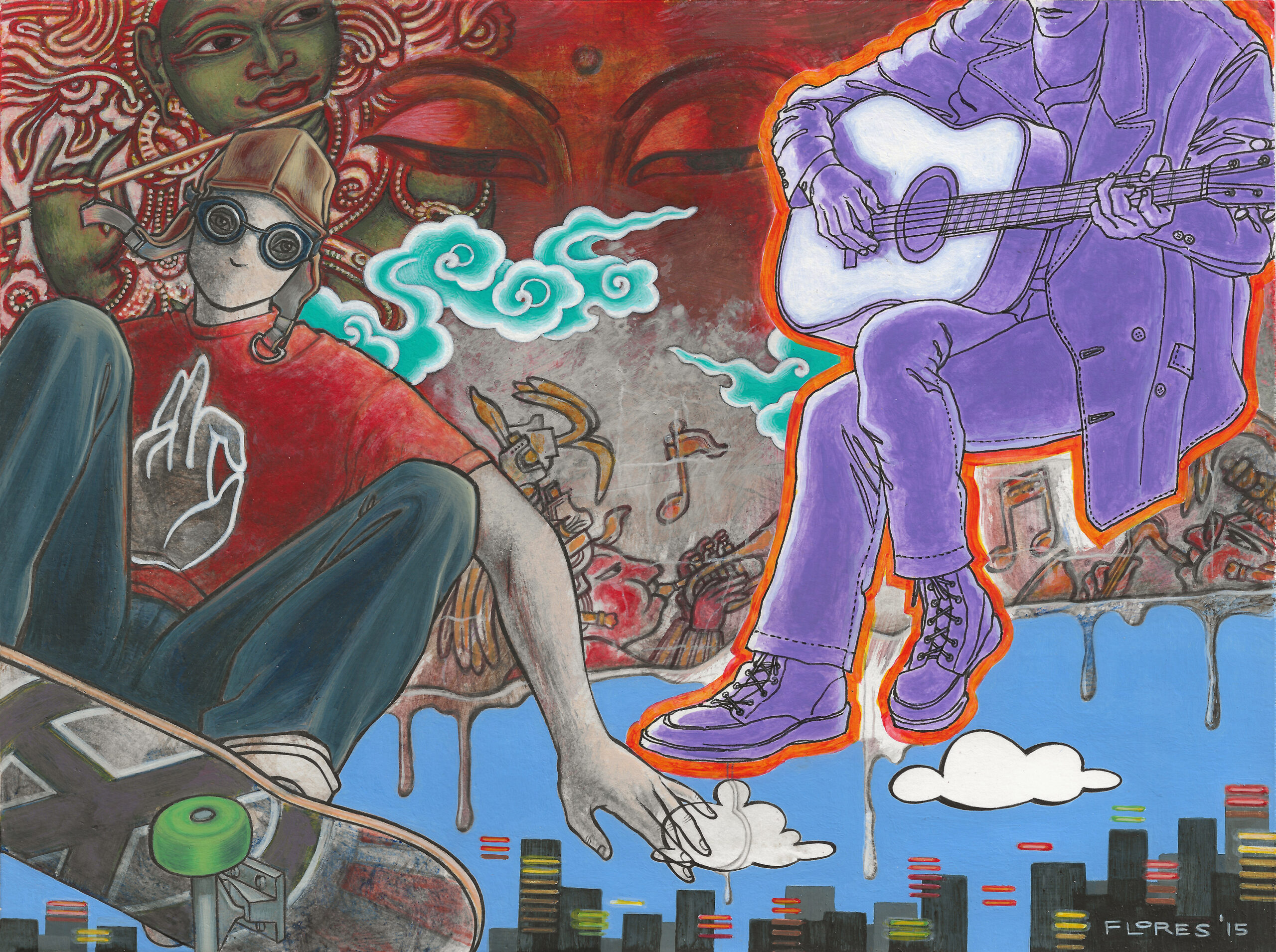 Surreal acrylic-and-ink painting of a skateboarder wearing goggles and a seated guitarist, with Hindu, Buddhist, and Mayan imagery, Japanese-style clouds, musical notes, and a city skyline.