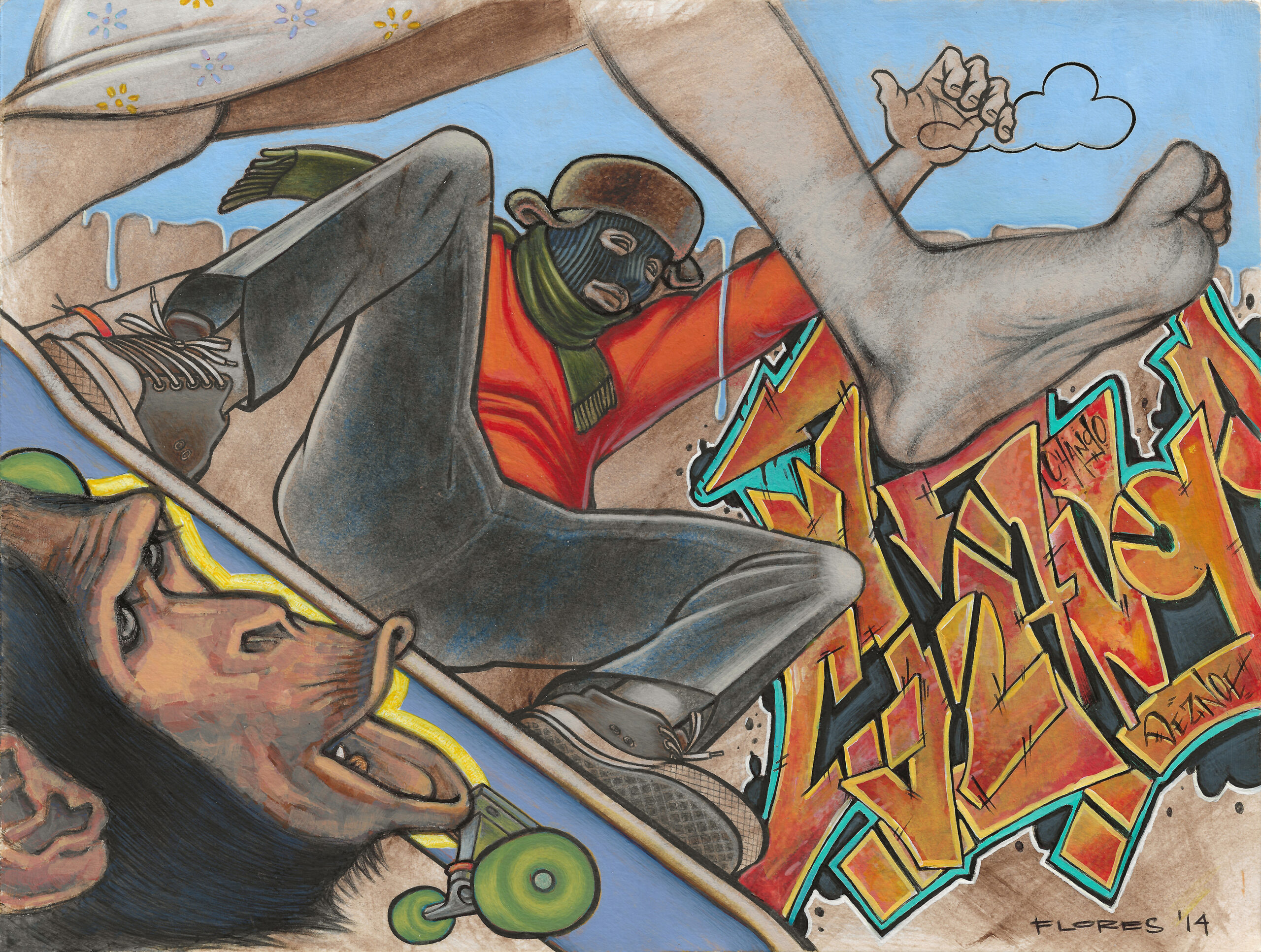 Surreal acrylic-and-ink painting of a masked skateboarder beneath oversized bare legs, with a monkey’s face in the foreground and colorful graffiti in the background.