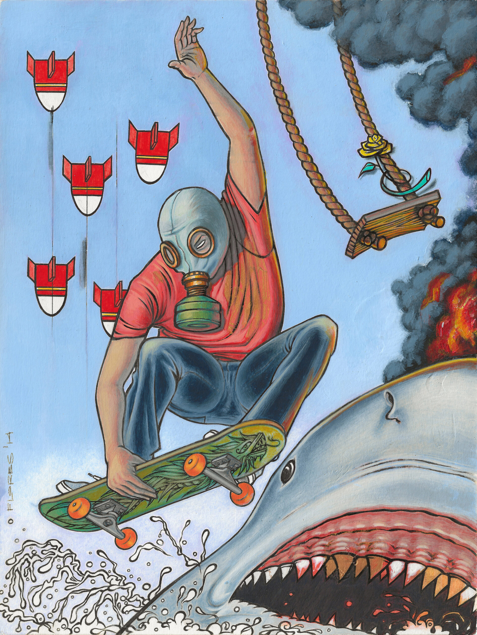 Surreal acrylic-and-ink painting of a skateboarder wearing a gas mask above a shark, surrounded by falling bombs, flames, smoke, and an empty swing with a yellow rose entwined around one of its ropes.