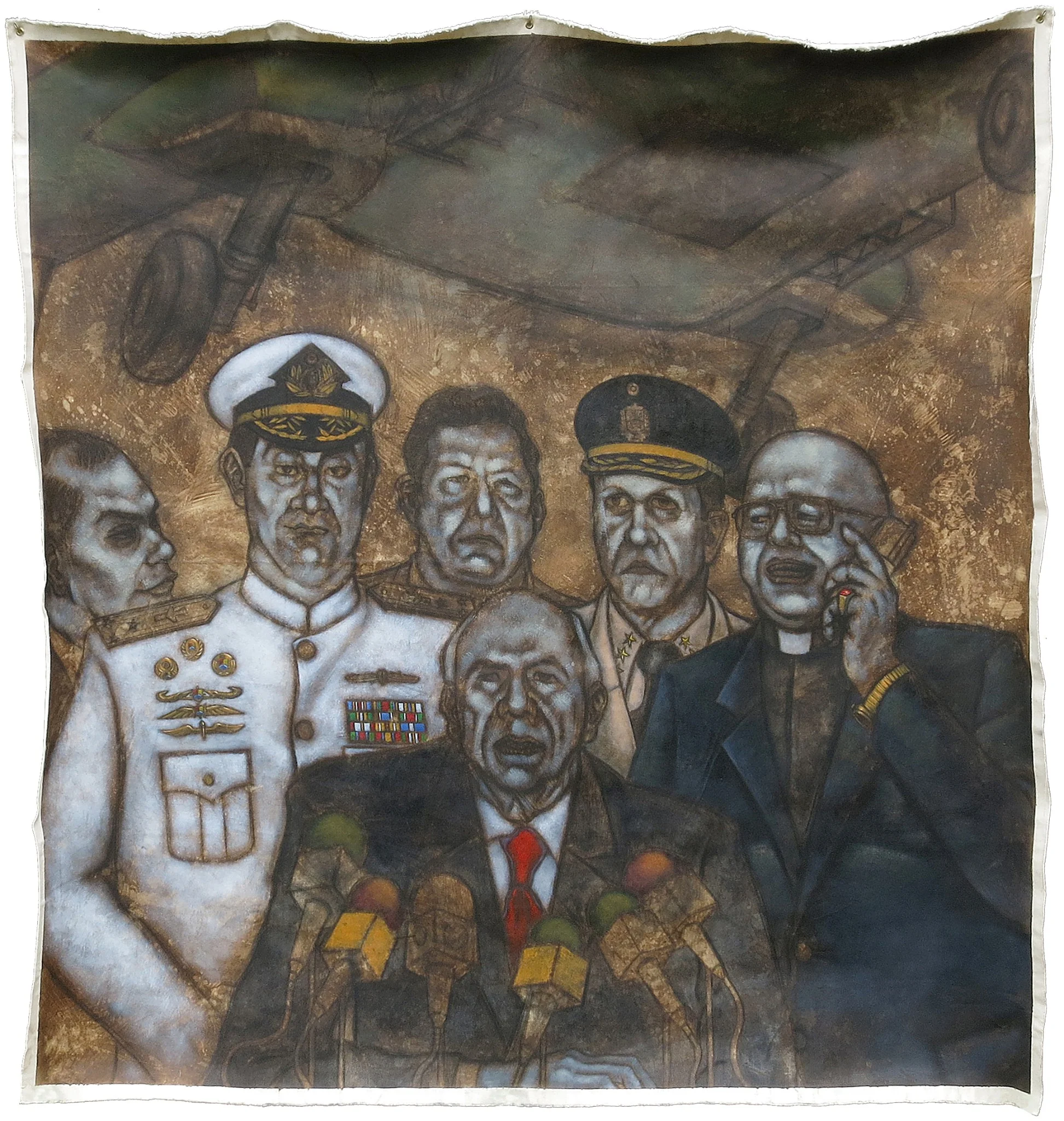 Acrylic-and-charcoal painting of the group of usurpers who staged a short-lived coup in Venezuela in 2002.